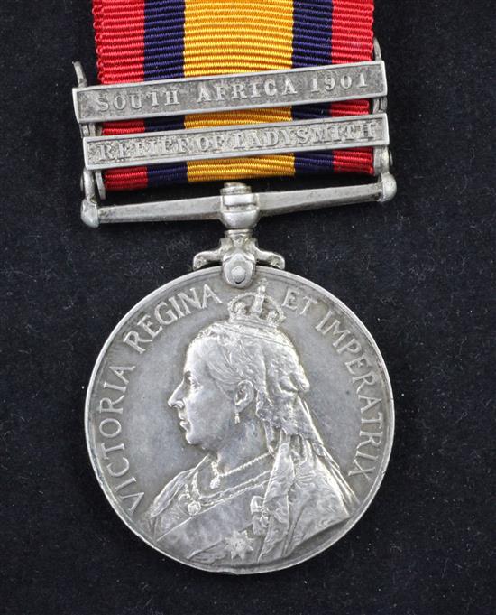 A Queens South Africa medal with Relief of Ladysmith and SA 1901 clasps